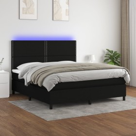 Cama box spring colchón y luces LED tela negro 160x200