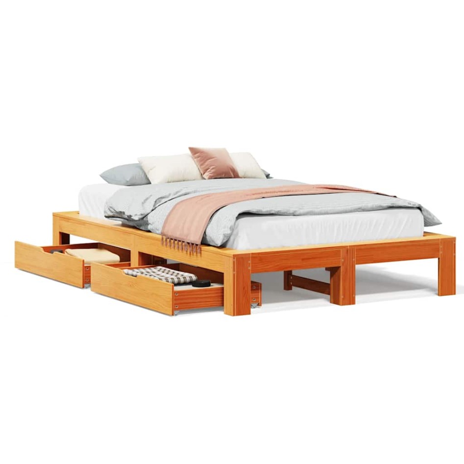 Cama sin colchón madera maciza de pino marrón cera 120x200