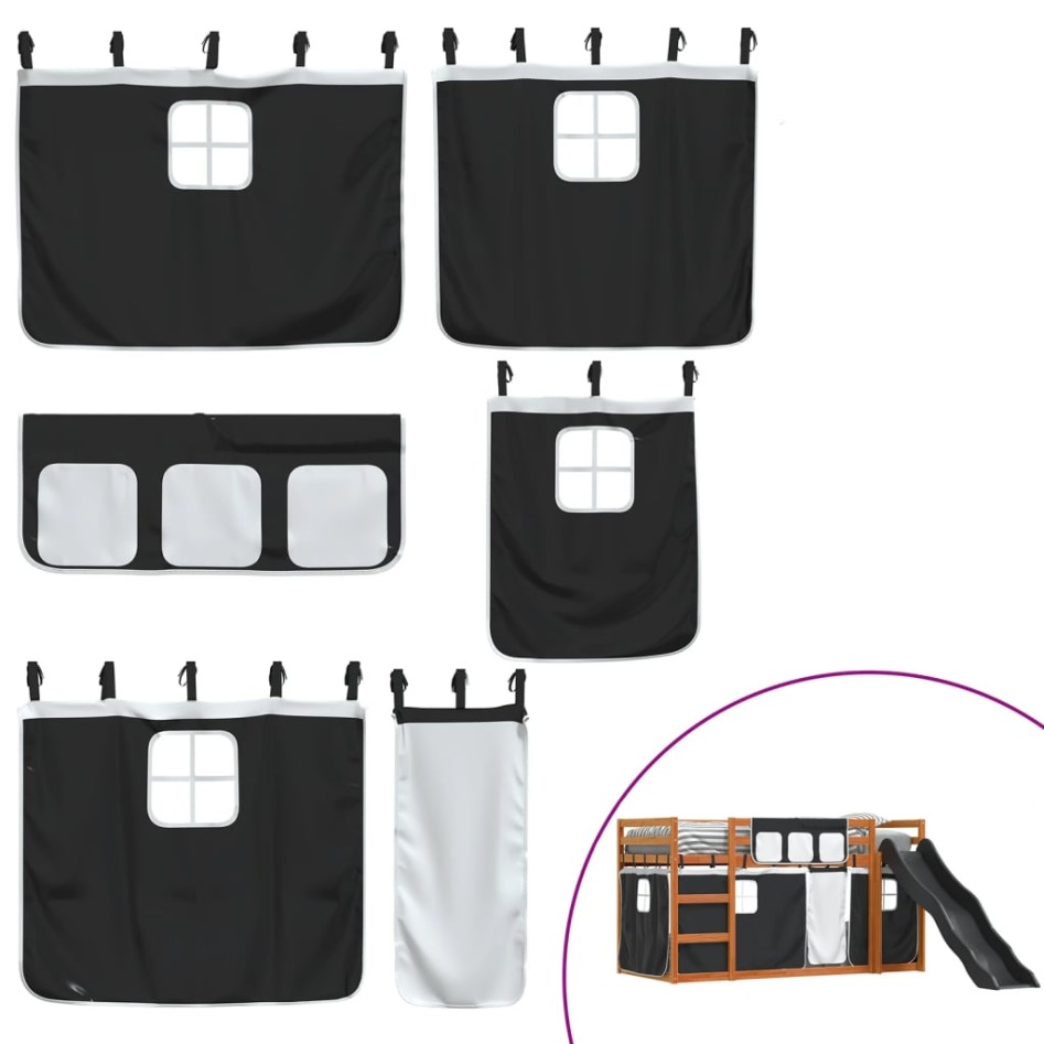 Litera con tobogán y cortinas blanco y negro 90x200