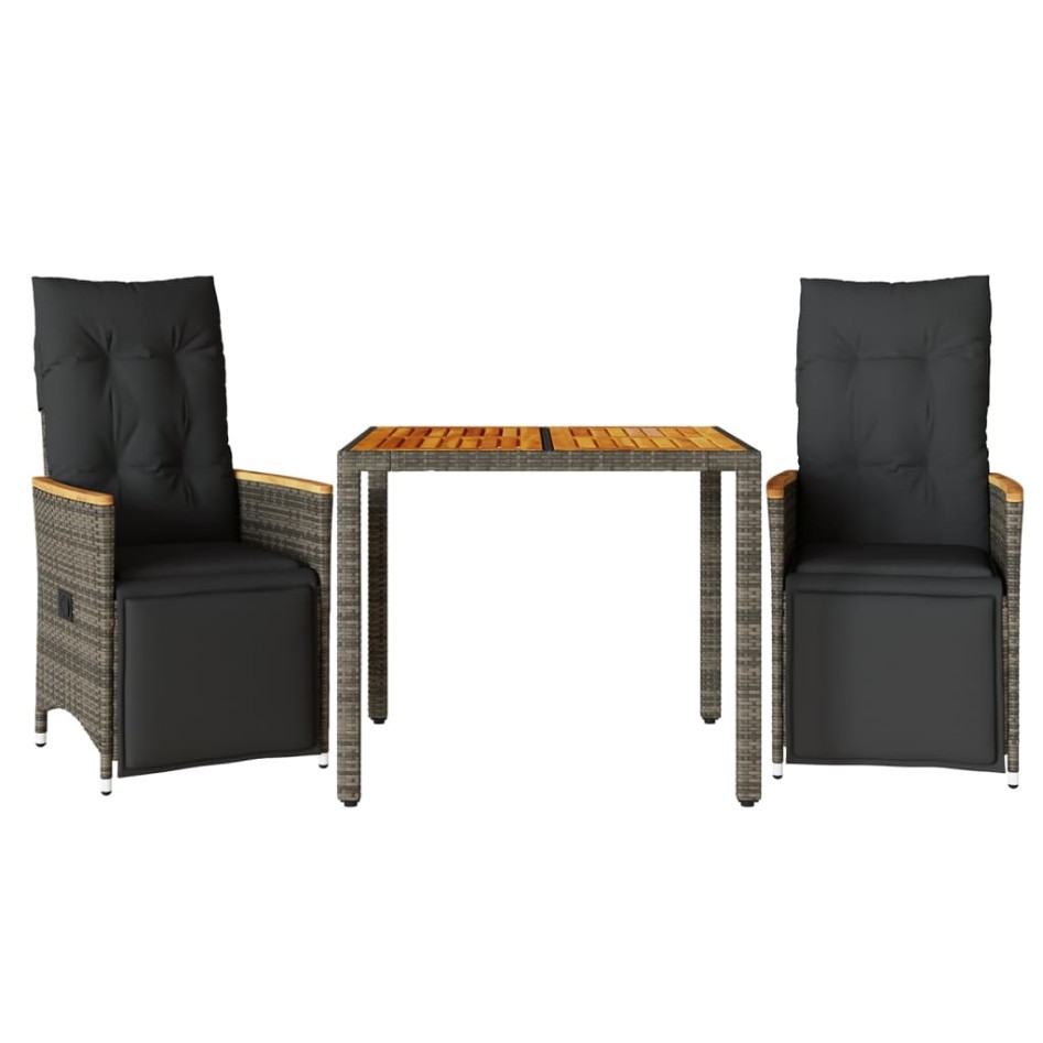 Mesita y sillas jardín 3 pzas y cojines ratán sintético