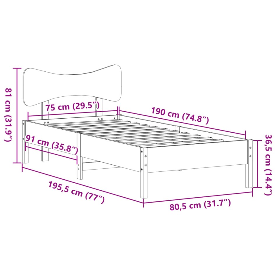 Estructura de cama sin colchón madera maciza blanca 75x190
