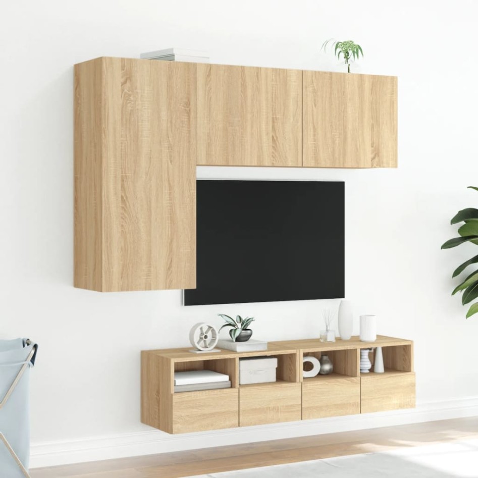 Muebles de TV de pared 4 pzas madera de ingeniería roble