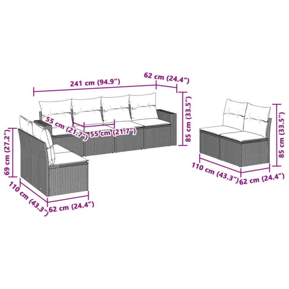 Set de sofás de jardín 8 pzas y cojines ratán sintético