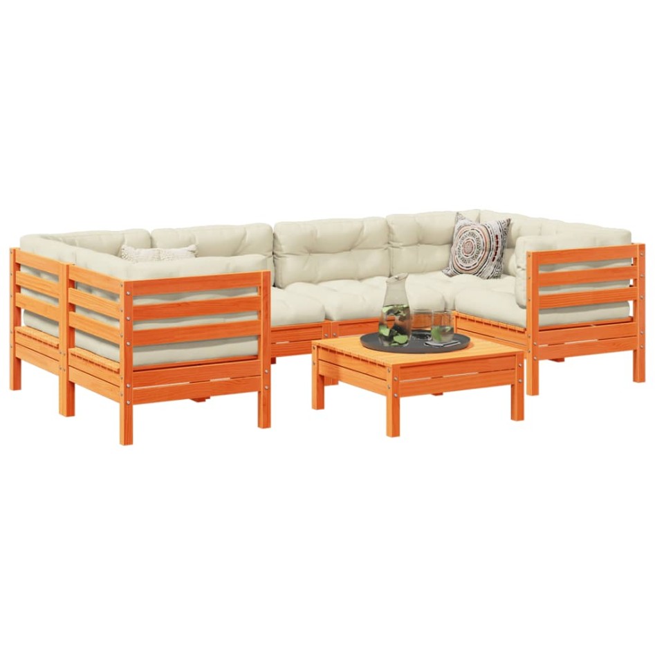 Set de sofás jardín 7 pzas con cojines madera pino marrón