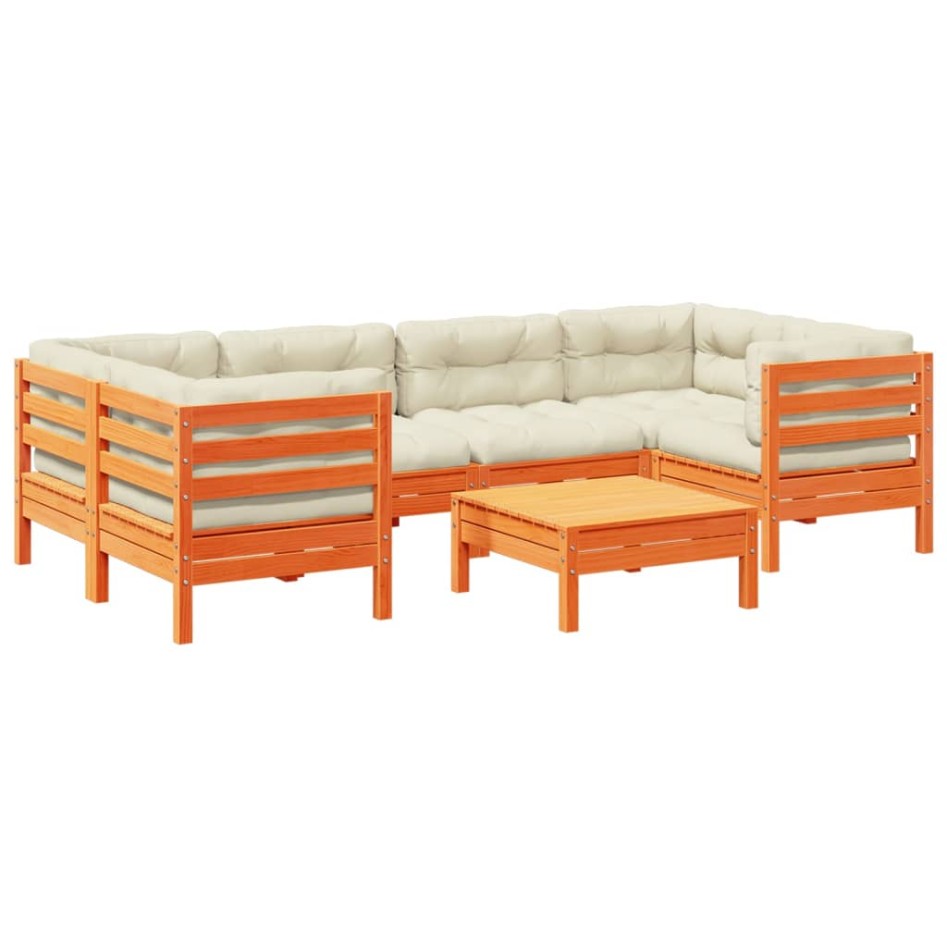 Set de sofás jardín 7 pzas con cojines madera pino marrón