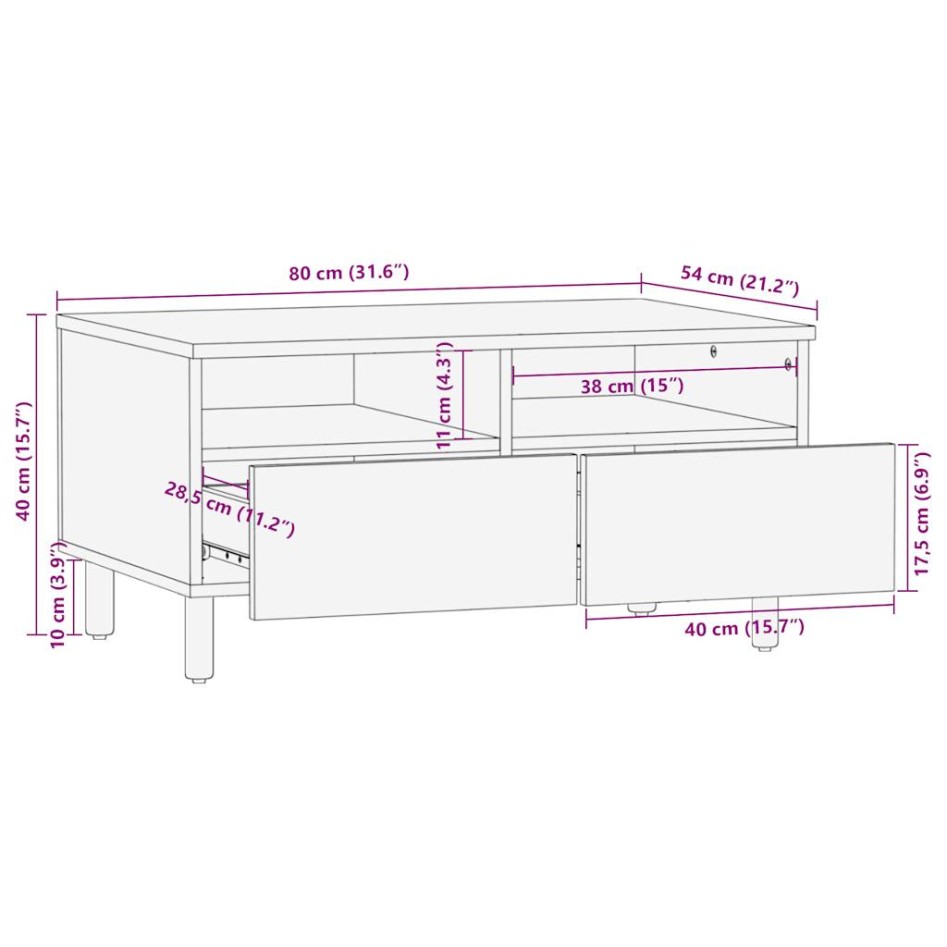 Mesa de centro madera maciza de mango rugosa negro 80x54x40