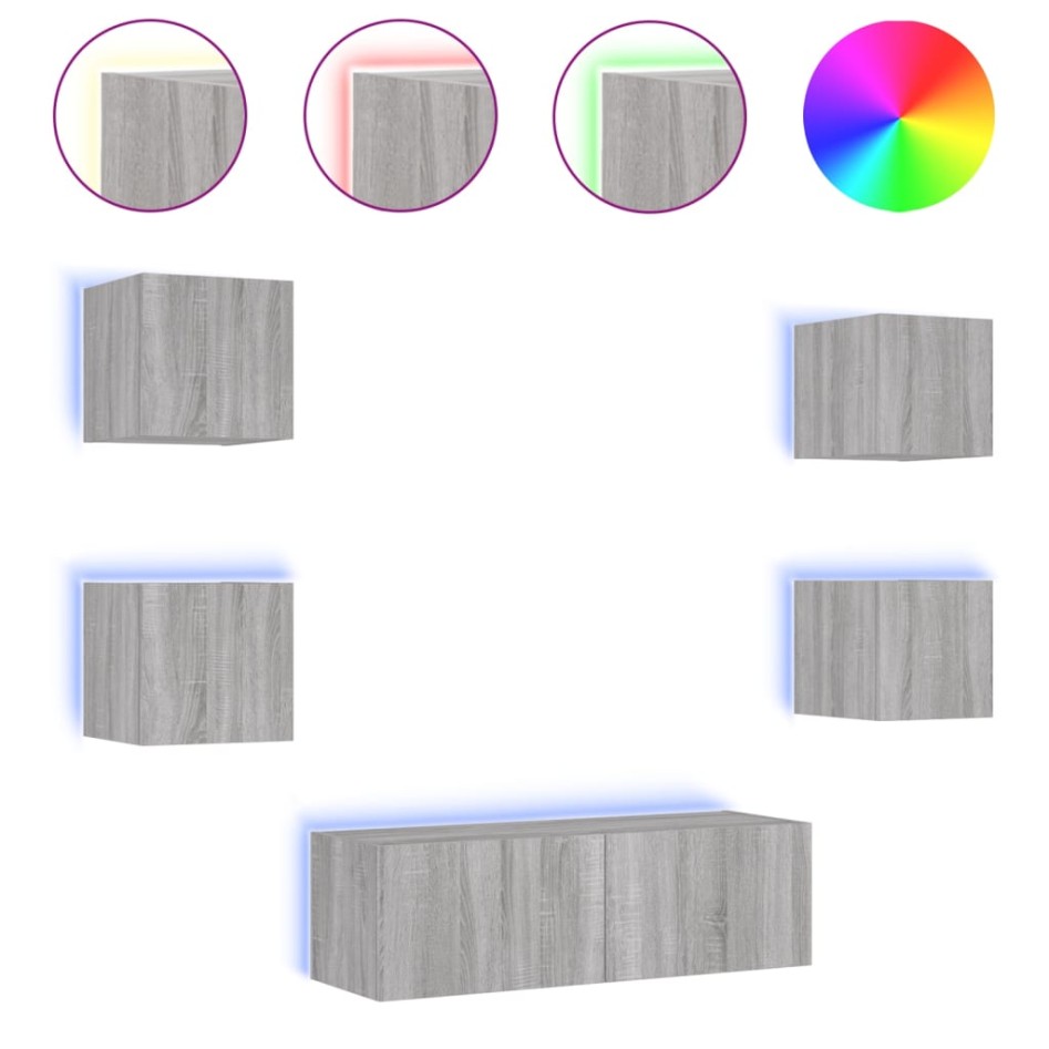 Muebles de TV de pared con luces LED 5 piezas gris