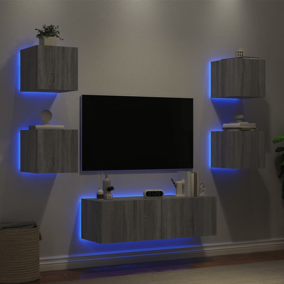 Muebles de TV de pared con luces LED 5 piezas gris