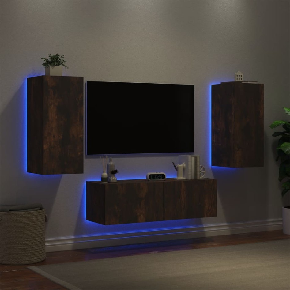 Muebles de TV de pared con luces LED 3 piezas roble