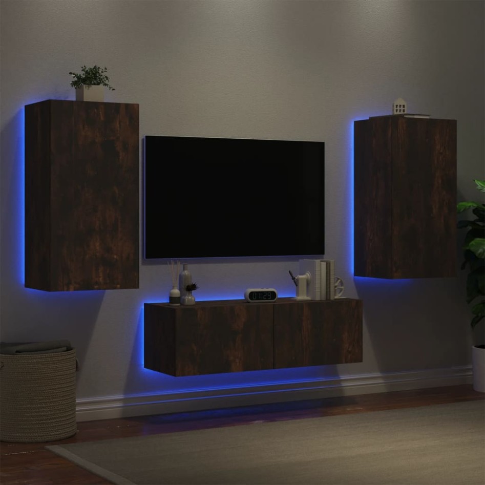 Muebles de TV de pared con luces LED 3 piezas roble