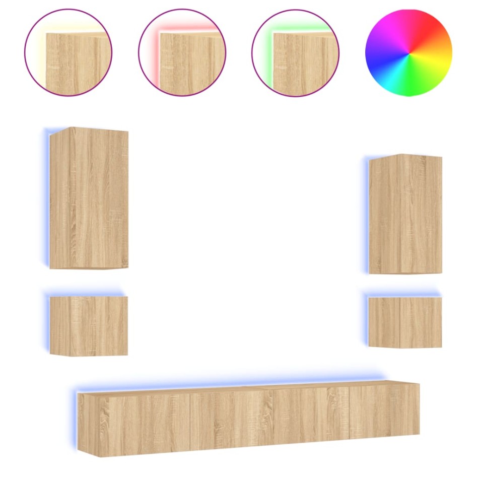 Muebles de TV de pared con luces LED 6 piezas roble