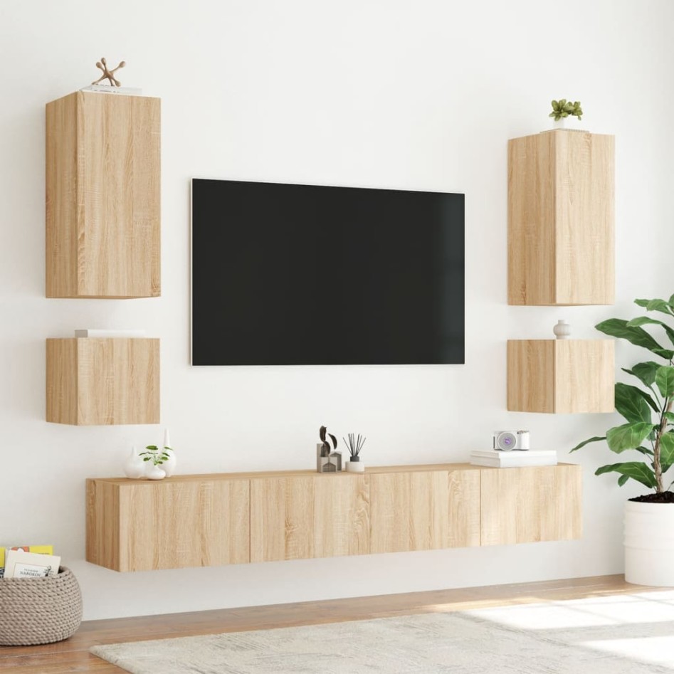 Muebles de TV de pared con luces LED 6 piezas roble