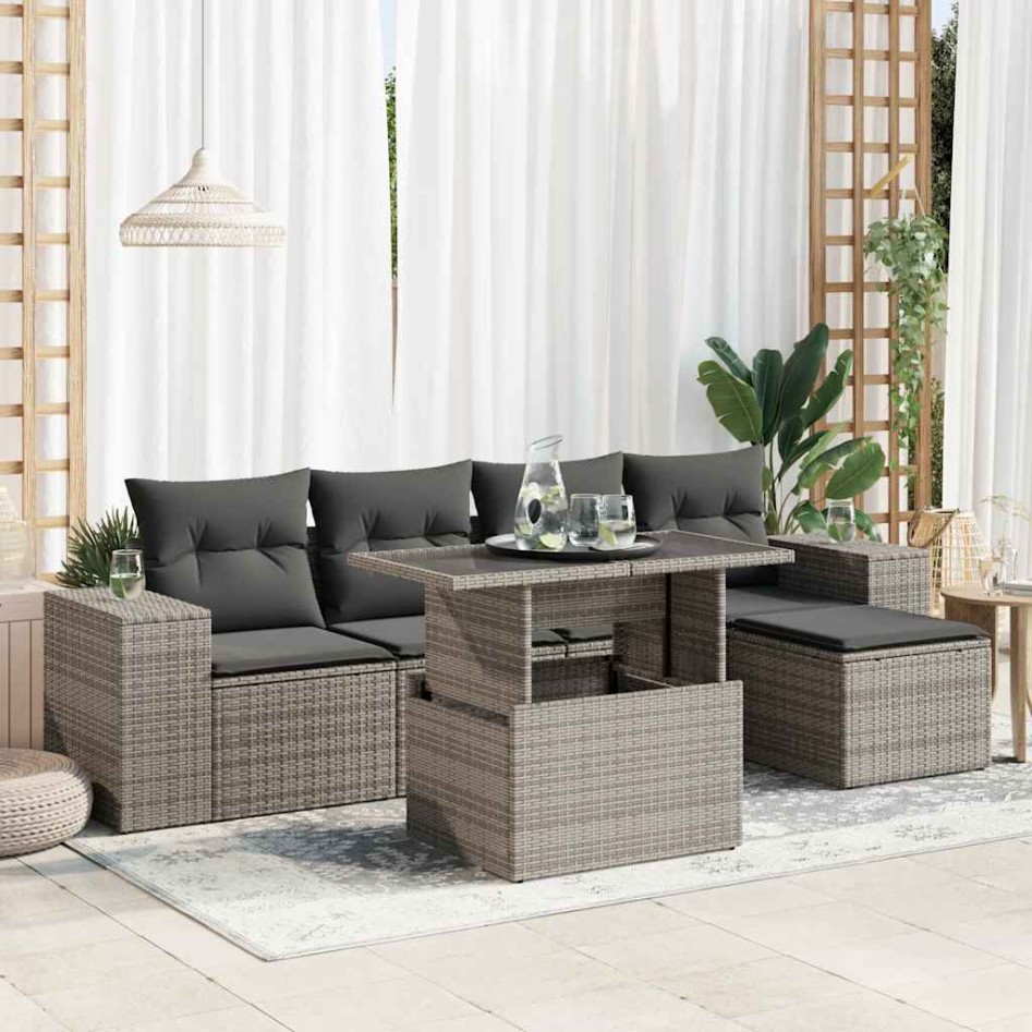 Set de muebles de jardín 6 pzas y cojines ratán sintético