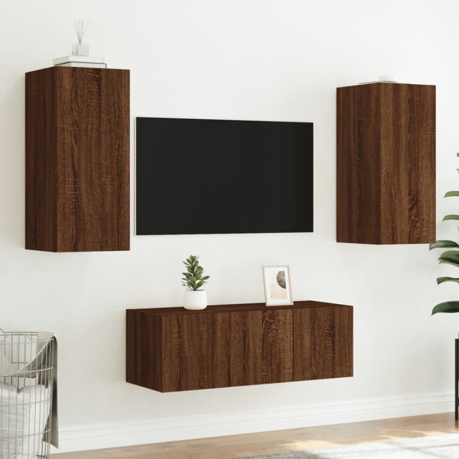 Muebles TV pared con LED 4 pzas madera ingeniería marrón