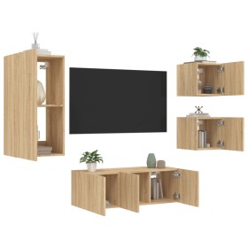 Muebles TV pared con LED 5 pzas madera ingeniería roble