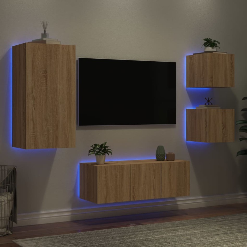 Muebles TV pared con LED 5 pzas madera ingeniería roble