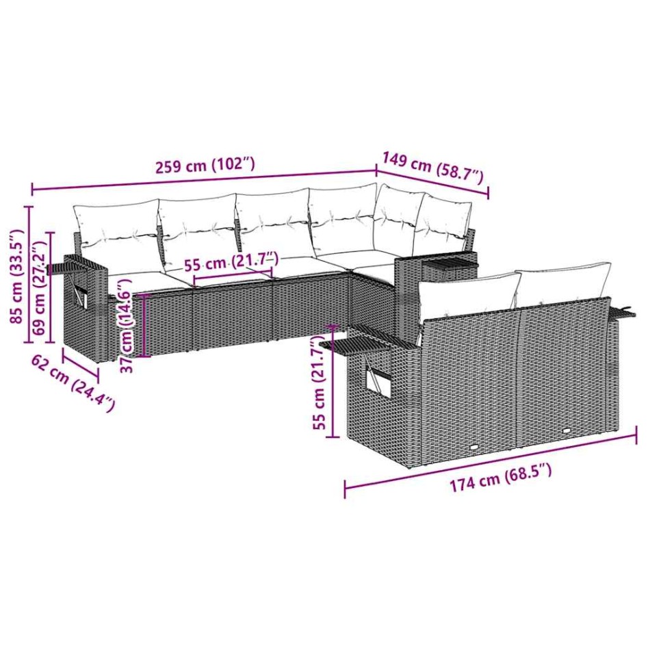 Set de sofás de jardín 7 pzas con cojines ratán PE gris