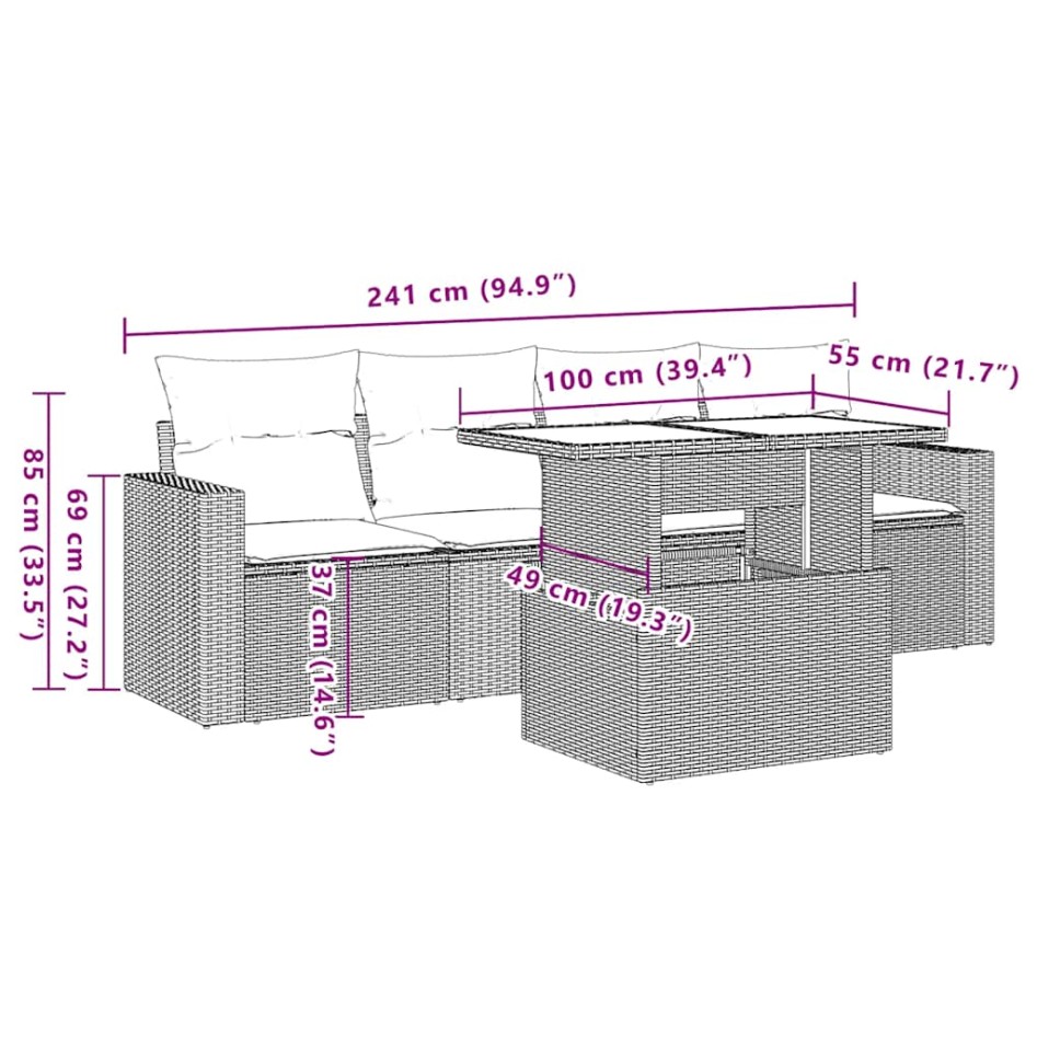 Juego de sofás jardín con cojines 5 pzas ratán sintético