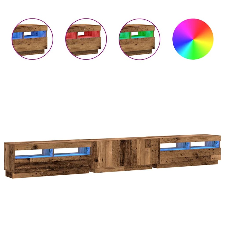 Mueble TV luces LED madera ingeniería envejecida 300x35x40