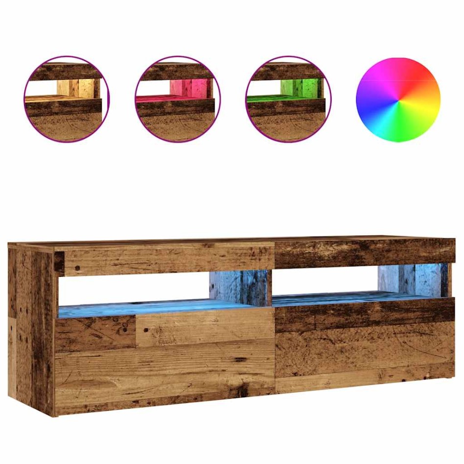 Mueble TV luces LED madera ingeniería envejecida 120x35x40