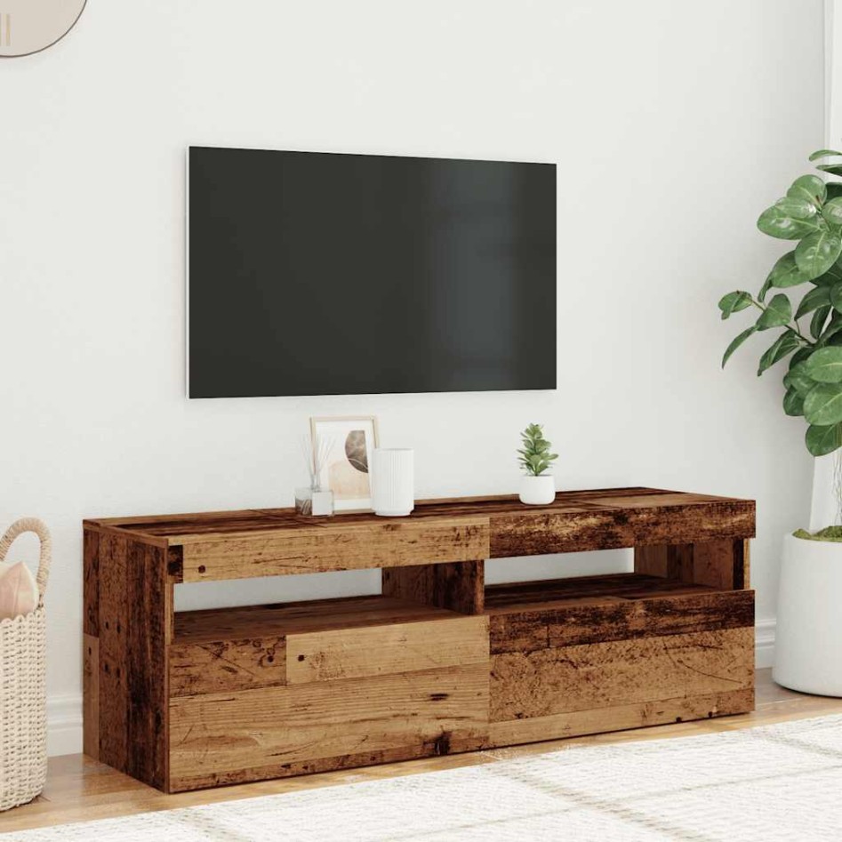 Mueble TV luces LED madera ingeniería envejecida 120x35x40