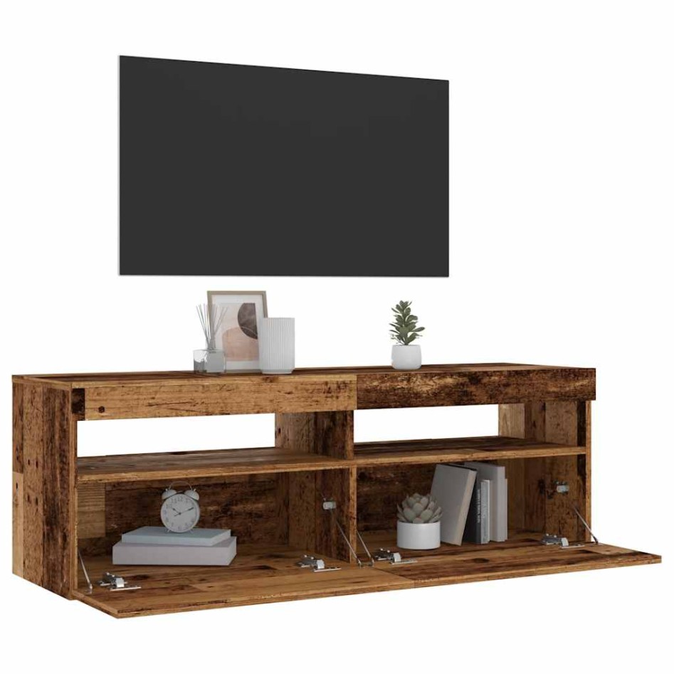 Mueble TV luces LED madera ingeniería envejecida 120x35x40