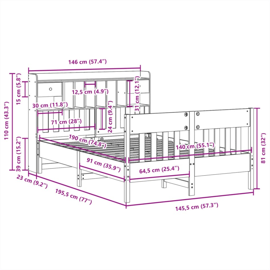 Estructura de cama sin colchón madera maciza de pino 140x190