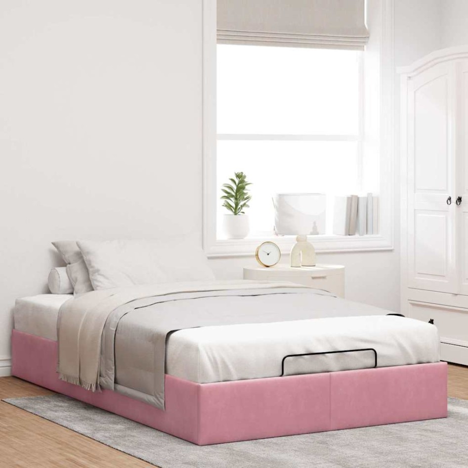 Estructura cama otomana sin colchón terciopelo rosa 120x190