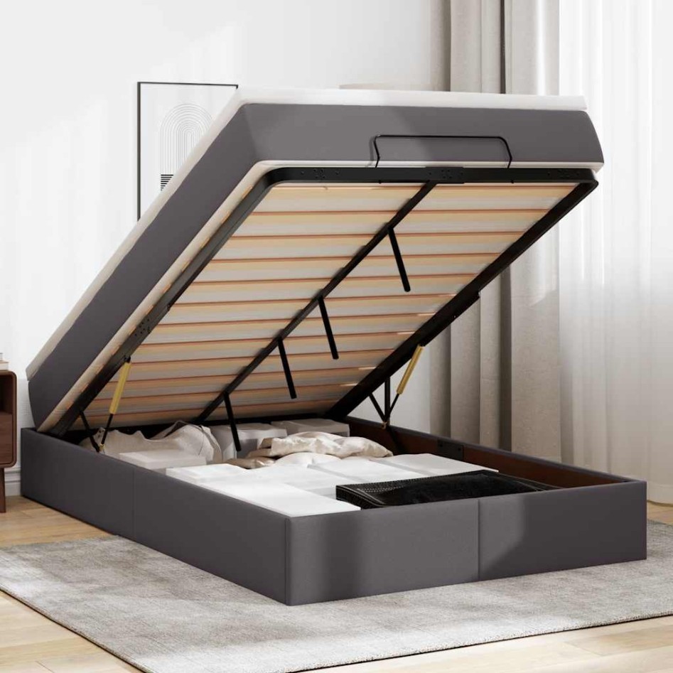 Estructura cama otomana colchón cuero sintético gris
