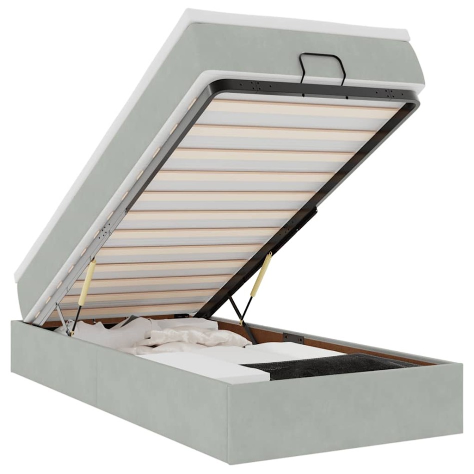 Estructura cama otomana colchón terciopelo gris claro