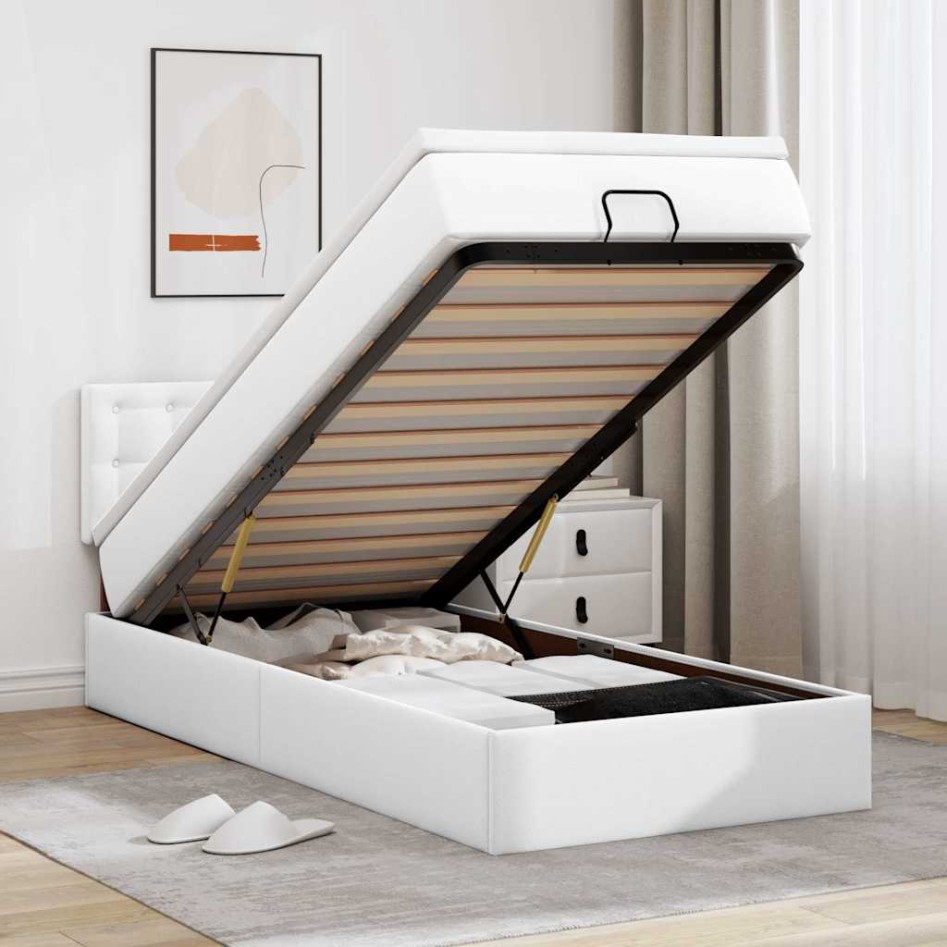 Cama otomana colchón cuero sintético blanco