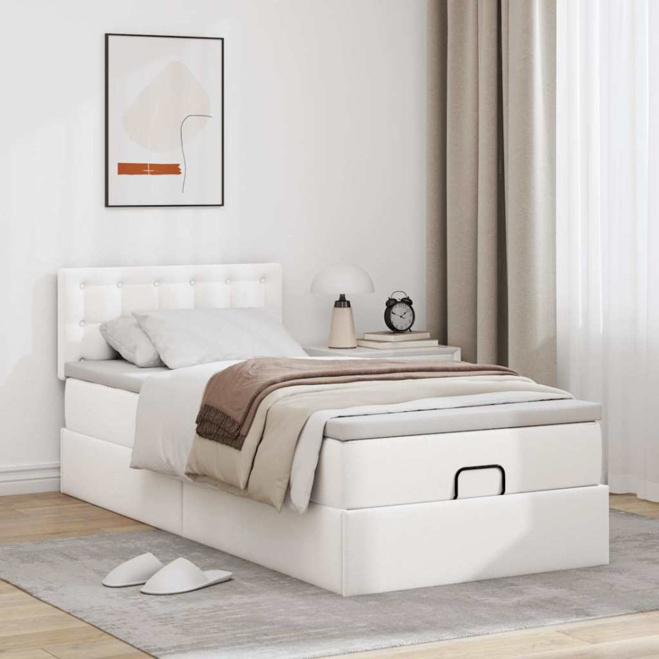 Cama otomana colchón cuero sintético blanco