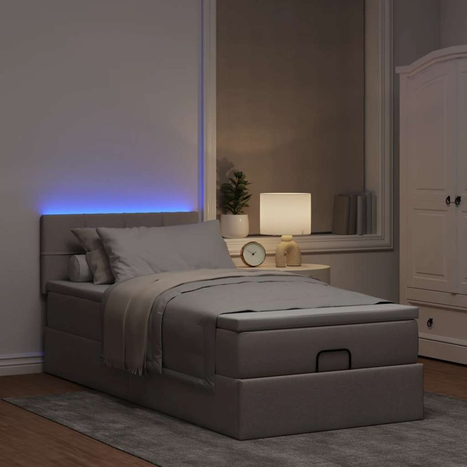 Cama otomana con colchón y luces LED tela gris taupé 90x200