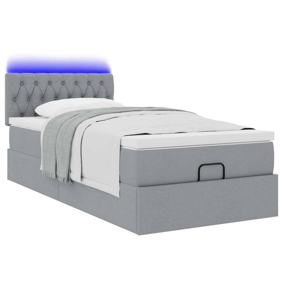 Cama otomana con colchón y LED tela gris claro