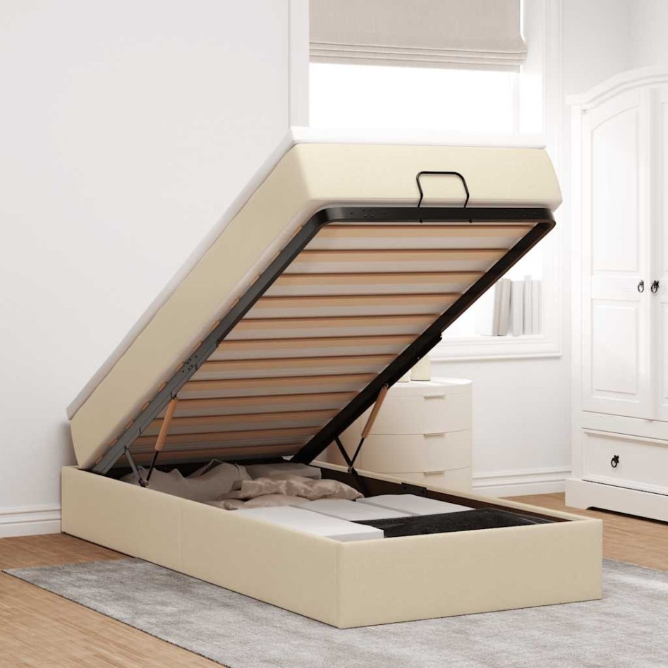 Estructura de cama otomana con colchón tela crema