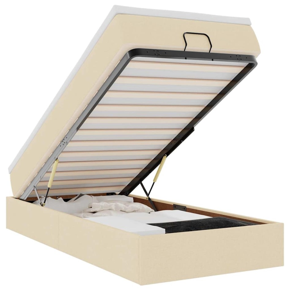 Estructura de cama otomana con colchón tela crema