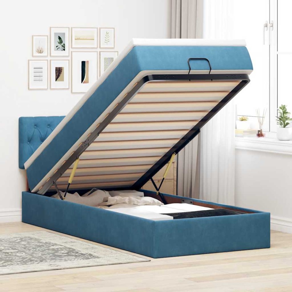 Cama otomana con colchón y LED terciopelo azul oscuro 80x200