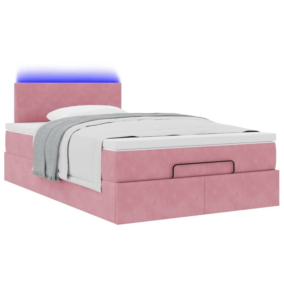 Estructura de cama otomana colchón terciopelo rosa
