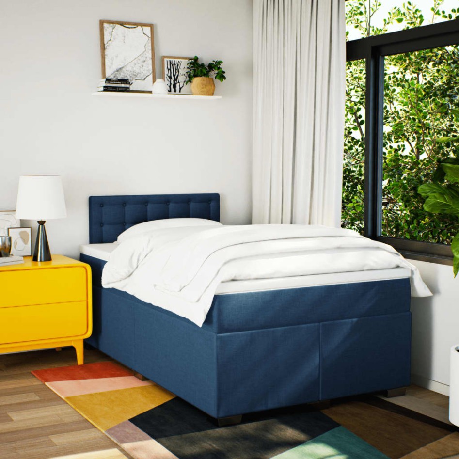 Cama box spring con colchón tela azul 120x190