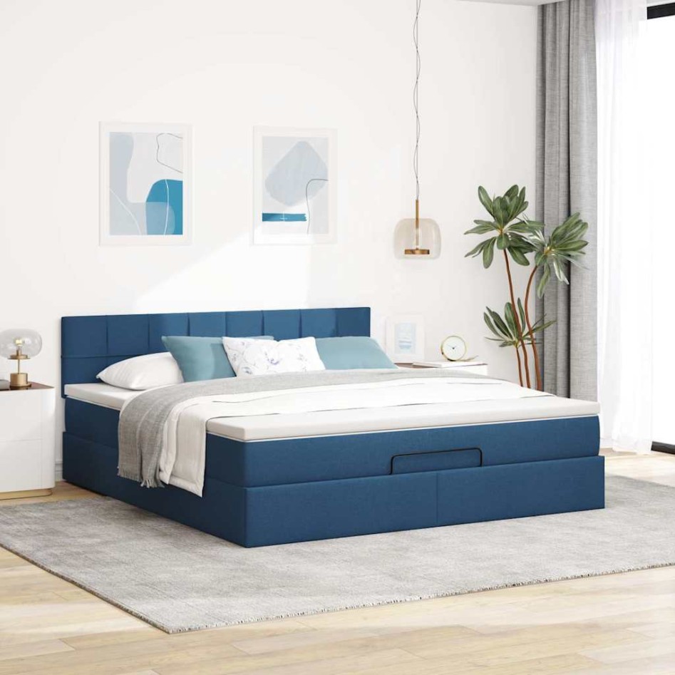 Estructura de cama otomana con colchón tela azul 160x200