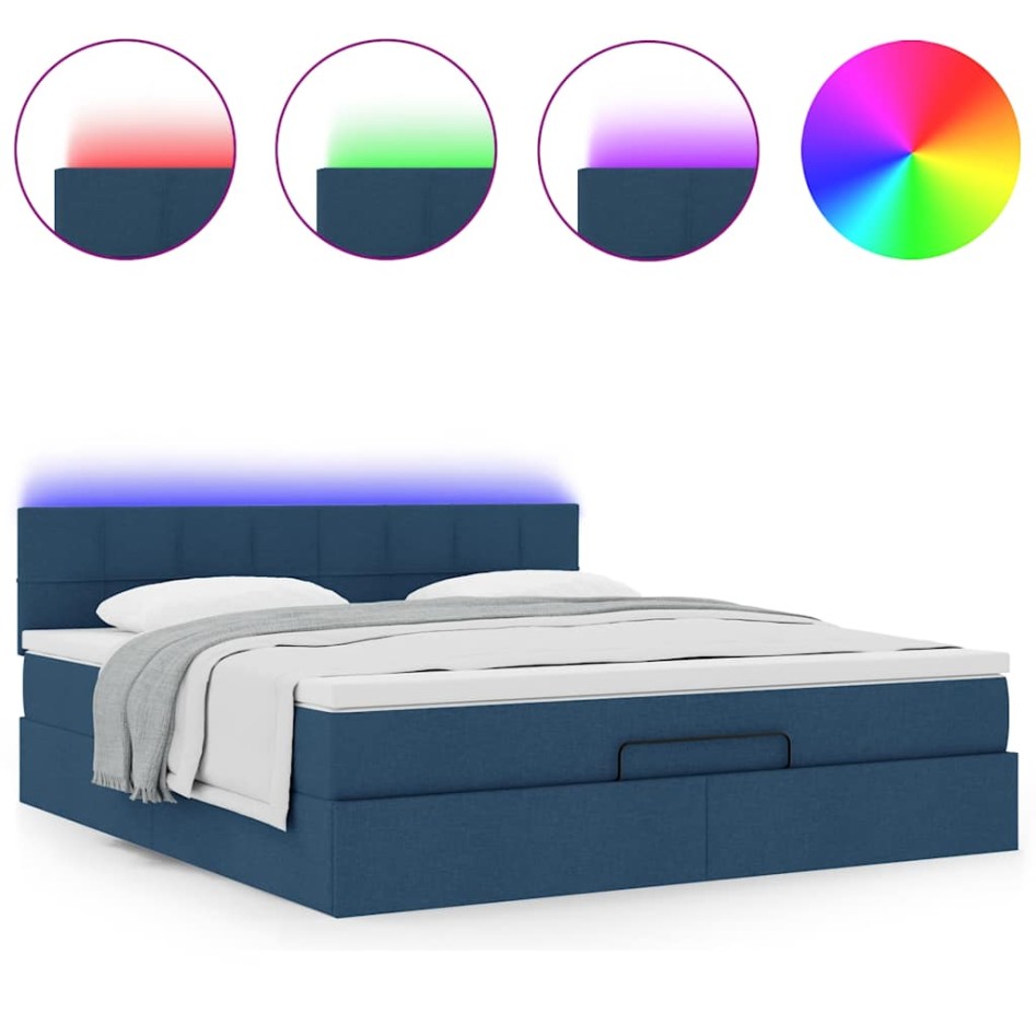 Estructura de cama otomana con colchón tela azul 160x200