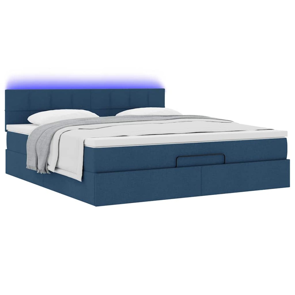 Estructura de cama otomana con colchón tela azul 160x200