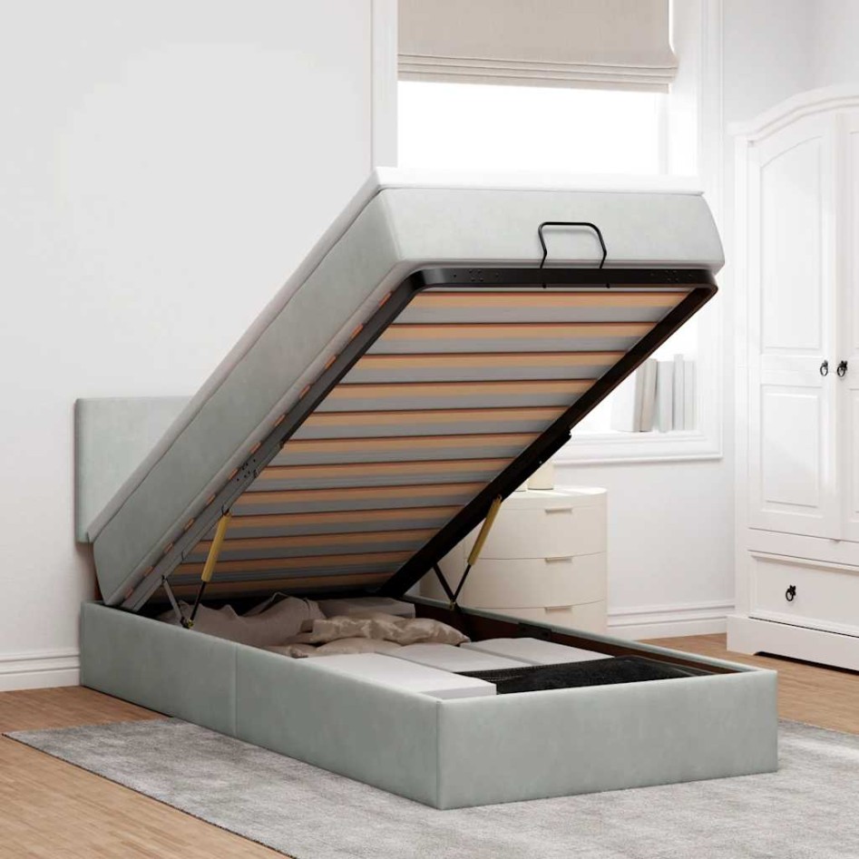 Estructura cama otomana colchón terciopelo gris claro