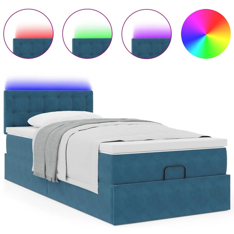 Estructura de cama otomana con colchón terciopelo azul