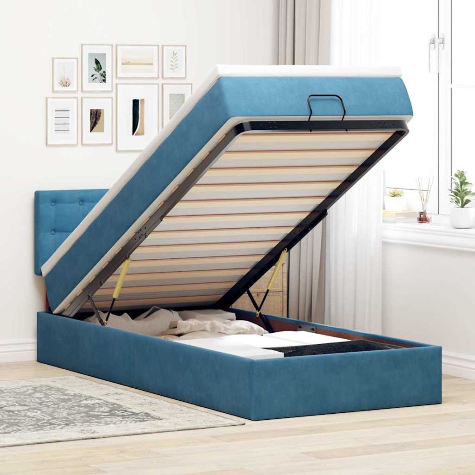 Estructura de cama otomana colchón terciopelo azul