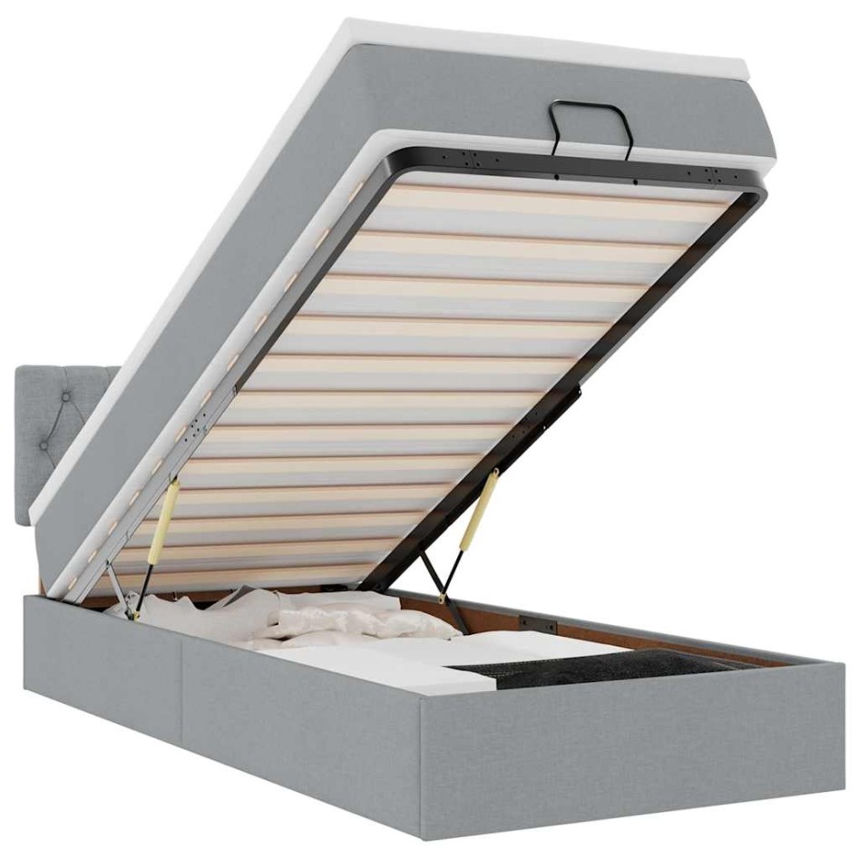Estructura de cama otomana con colchón tela gris claro