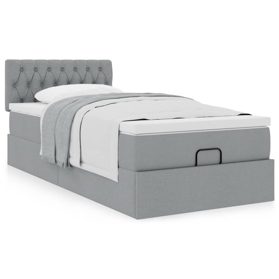 Estructura de cama otomana con colchón tela gris claro