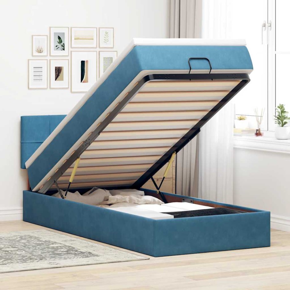 Estructura cama otomana colchón terciopelo azul
