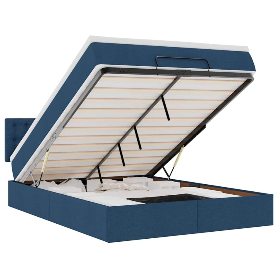 Estructura de cama otomana colchón tela azul pardo