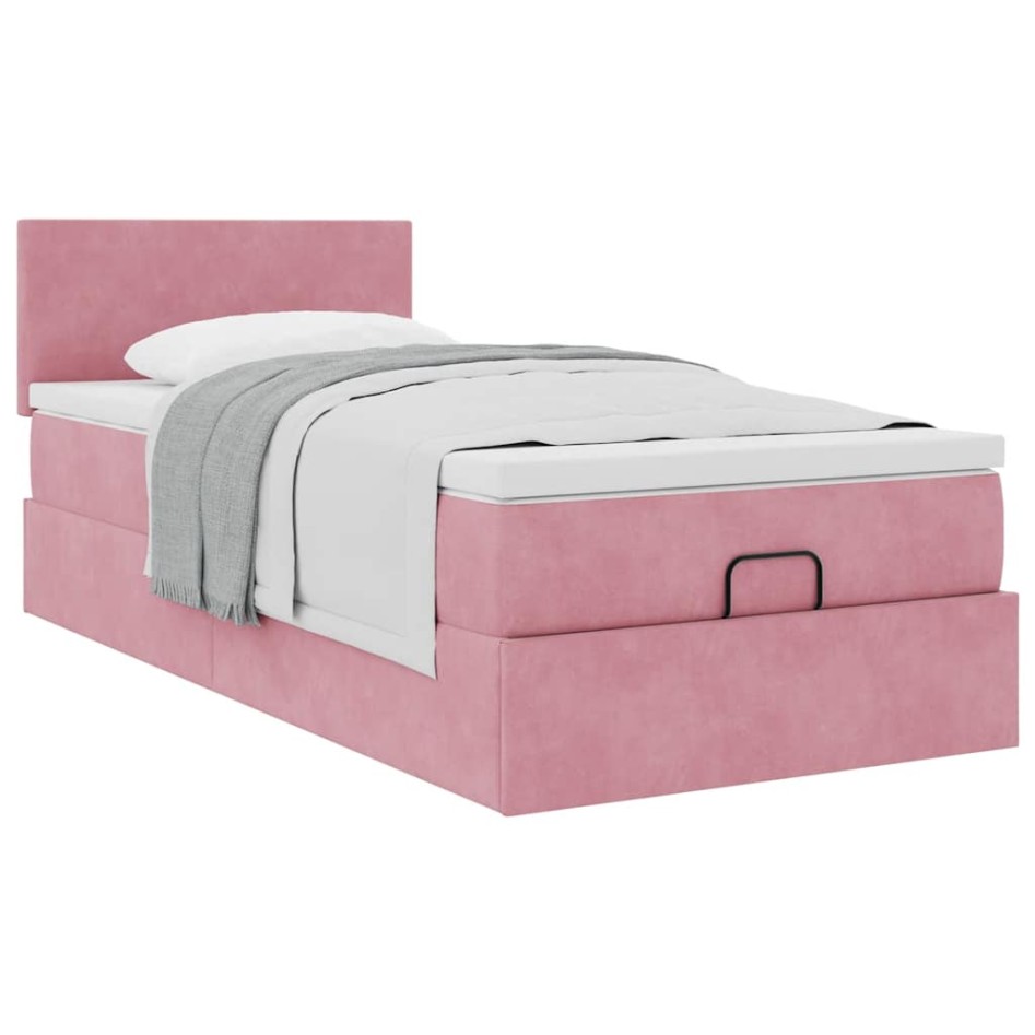 Estructura de cama otomana colchón terciopelo rosa